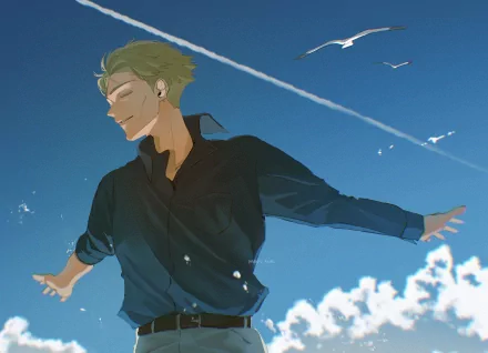 HD PC desktop wallpaper featuring Kento Nanami from Jujutsu Kaisen, depicted with closed eyes against a bright blue sky and white clouds.