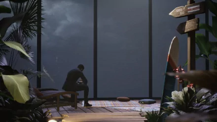 A serene HD wallpaper from *Vampire: The Masquerade - Swansong*, featuring a solitary figure seated in a lush, plant-filled environment, gazing out toward a moody sky.