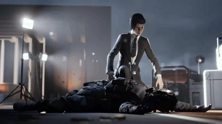 HD desktop wallpaper from Vampire: The Masquerade - Swansong featuring a dramatic scene with a character standing over another in an urban night setting.