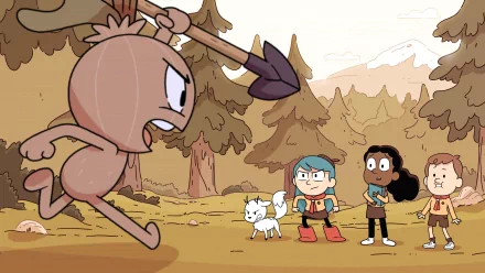HD desktop wallpaper featuring characters from the animated series Hilda in a forest adventure, with Hilda, her friends, and a mystical creature.