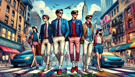 HD desktop wallpaper featuring stylish individuals in preppy attire on a vibrant city street.