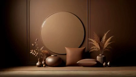 High-definition desktop wallpaper featuring a brown aesthetic with circular mirror, decorative vases, and botanical elements creating a serene and stylish background.