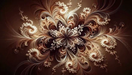 HD desktop wallpaper featuring intricate brown fractal design with aesthetic swirls and floral patterns.