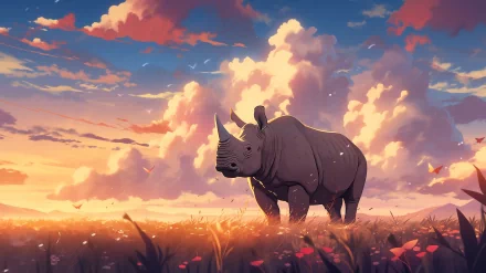 HD wallpaper of an illustrated rhino in a vibrant sunset scene with a field of tall grass and a colorful sky background.