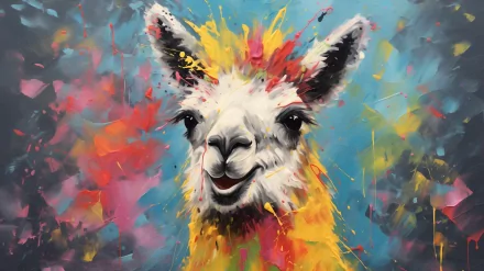 Colorful abstract HD wallpaper featuring an artistic depiction of a llama with vibrant splashes of paint as background.