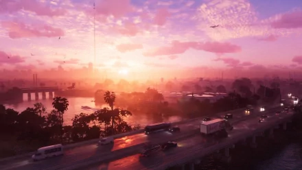 4K Ultra HD desktop wallpaper featuring a vibrant Vice City sunset from Grand Theft Auto VI, capturing Miami's iconic skyline and busy highway in a stunning video game scene.