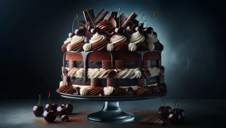 HD wallpaper of an elaborate Black Forest cake adorned with cherries and chocolate pieces on a dark background.