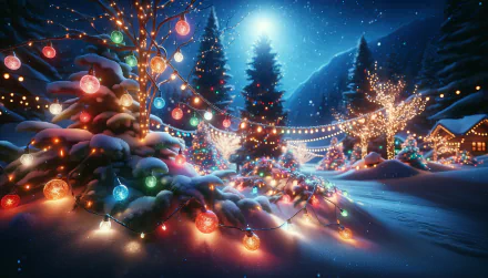Enchanting HD winter holiday wallpaper featuring a snowy landscape illuminated by colorful holiday lights on trees and decorations, with a starry night sky in the background.