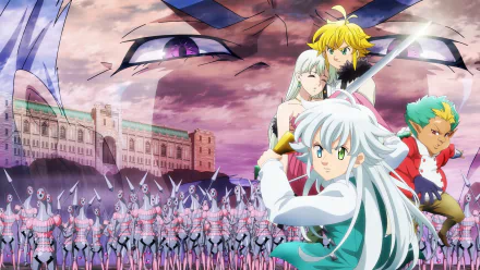 HD wallpaper featuring characters from The Seven Deadly Sins: Grudge of Edinburgh anime with a dramatic backdrop of soldiers and a mythical creature in the sky.