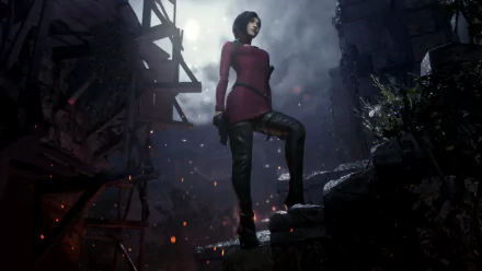 A striking HD wallpaper features a character from Resident Evil 4 (2023) standing confidently among ruins, illuminated by eerie moonlight and surrounded by glowing embers.