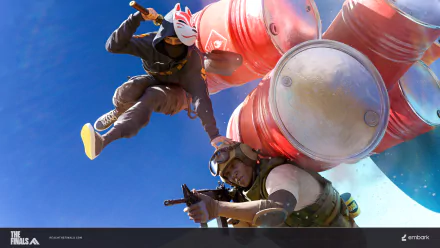 Dynamic HD wallpaper from the video game The Finals, featuring intense action as a character leaps over another amidst a vibrant backdrop.