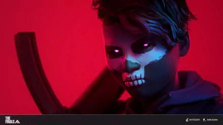 HD desktop wallpaper featuring a character from The Finals video game with a red background and glowing eyes.