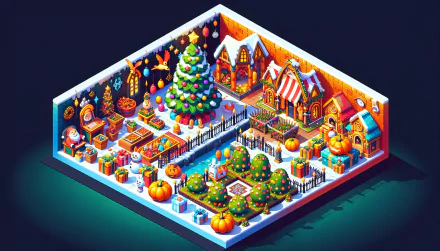 A festive HD desktop wallpaper featuring a colorful winter scene with a decorated Christmas tree, gingerbread houses, pumpkins, and cheerful holiday decorations.