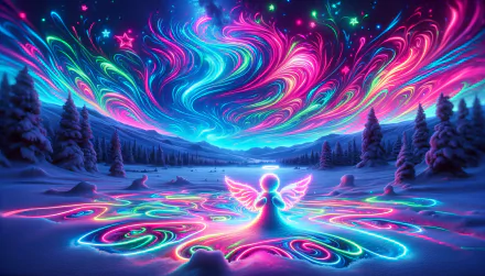 HD wallpaper featuring a vibrant, neon-lit snow angel in a mystical winter landscape with dazzling, colorful aurora-like sky.