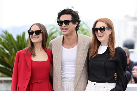 A vibrant HD wallpaper featuring the cast of the movie May December, showcasing three actors in stylish outfits and sunglasses, posing against a sunny background.
