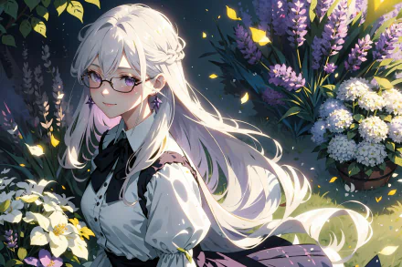Anime-style HD PC desktop wallpaper featuring a calm girl with long white hair and glasses surrounded by vibrant flowers in soft, warm lighting.