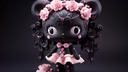 HD desktop wallpaper featuring Kuromi from Onegai My Melody adorned with elegant pink roses on a dark background.