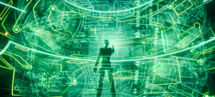 A striking HD desktop wallpaper featuring a silhouetted figure in front of a vibrant green digital interface, inspired by the TV show What If....