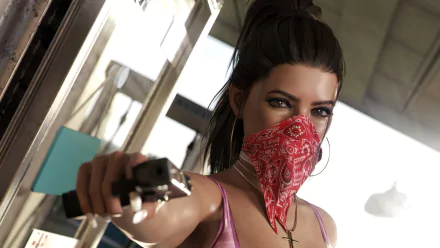 Alt-text: HD desktop wallpaper featuring a character from Grand Theft Auto VI video game, holding a gun, and wearing a red bandana over the face.
