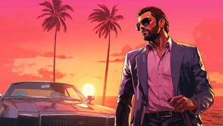 Grand Theft Auto VI HD wallpaper featuring a stylized character in a suit with sunglasses, set against a sunset, palm trees, and a classic car.