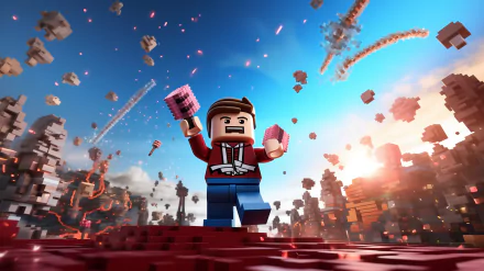 HD Roblox wallpaper featuring a dynamic scene with a character holding tools with exploding blocks and action in the background.