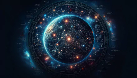 HD desktop wallpaper featuring an intricate star map with constellations and celestial bodies on a dark blue background.