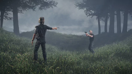 HD desktop wallpaper featuring a tense standoff between two characters in The Walking Dead: Destinies video game, set in a misty forest.