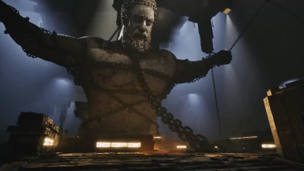 A dramatic HD wallpaper from The Talos Principle 2 featuring a colossal chained statue in an atmospheric environment, illuminated by beams of light.