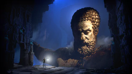 HD desktop wallpaper of The Talos Principle 2 video game featuring a character standing before a giant, mysterious statue head in a cavernous setting.