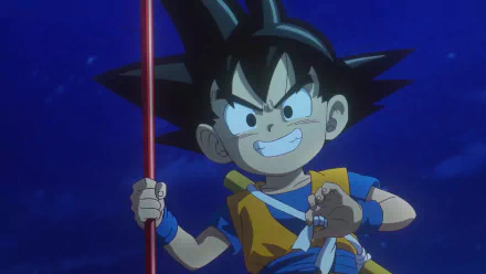 HD desktop wallpaper featuring Goku from Dragon Ball DAIMA anime, holding his power pole, with a dark blue background.