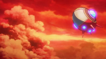 A vibrant HD wallpaper featuring a spacecraft soaring through a dramatic sunset sky, inspired by Dragon Ball DAIMA, capturing the essence of the anime's adventurous spirit.