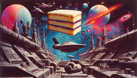 Sponge cake floating in a vibrant sci-fi space scene with spaceships and planets, HD desktop wallpaper and background.