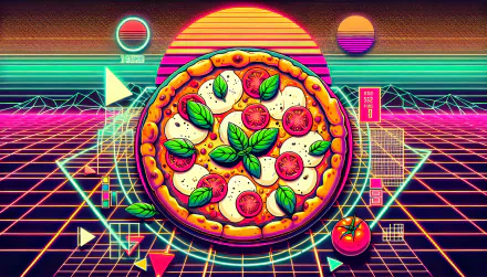 Vibrant HD desktop wallpaper featuring a stylized illustration of a margherita pizza on a retro-futuristic 80s grid background.