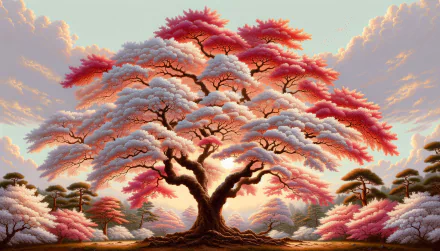 HD desktop wallpaper featuring a majestic cherry blossom tree with pink and white blossoms against a serene sunrise sky.