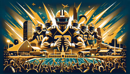 High-definition desktop wallpaper featuring an artistic representation of New Orleans Saints football players in action with vibrant crowd and city background.
