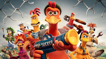 High-definition desktop wallpaper featuring characters from 'Chicken Run: Dawn of the Nugget' movie with a whimsical chicken holding a plunger gun.