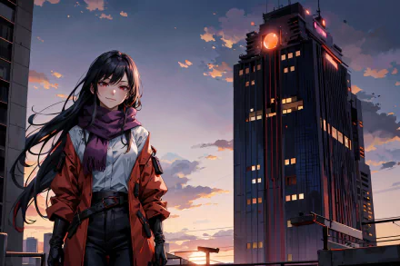 HD anime desktop wallpaper featuring a girl with long dark hair and a red jacket standing against a cityscape at sunset.