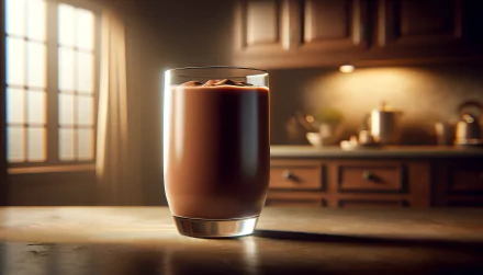 HD wallpaper of a glass of chocolate milk on a kitchen counter with sunlight filtering through the window.