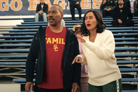 A scene from the movie Candy Cane Lane, featuring two characters on bleachers, displaying excitement and concern, set against a vibrant sports backdrop. HD desktop wallpaper.