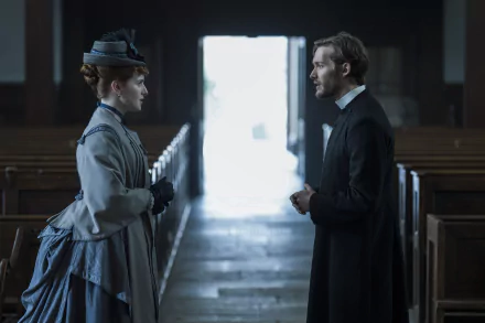 HD desktop wallpaper featuring two characters from Belgravia: The Next Chapter standing in a dimly lit church aisle, symbolizing drama and period intrigue.