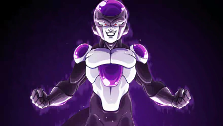 Frieza from Dragon Ball Super stands confidently against a dark purple background, showcasing his menacing expression and iconic form in a stunning HD wallpaper.