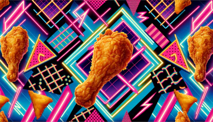 Vibrant HD desktop wallpaper featuring crispy fried chicken against a dynamic, artful background of neon colors and geometric shapes, creating a playful food-themed visual.