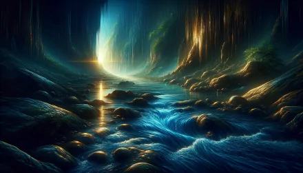 HD wallpaper featuring a mesmerizing underground river flowing through a cave, with ethereal light illuminating the scene and creating a tranquil atmosphere.