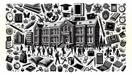 Monochrome HD wallpaper featuring a college campus scene with students and educational icons for a dynamic desktop background.