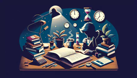 HD desktop wallpaper featuring an artistic depiction of a study scene with books, a desk lamp, clocks, a sand timer, and a focused individual immersed in exam preparation, in a soothing color palette.