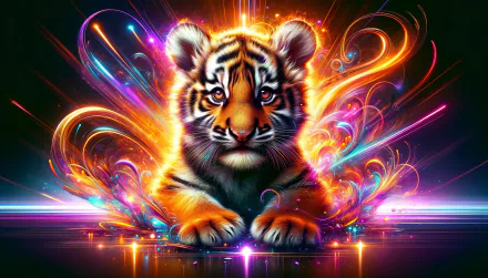 Vibrant HD desktop wallpaper featuring a colorful, illustrated tiger cub with neon abstract designs in the background.