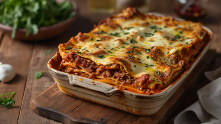 A delicious, freshly baked lasagna topped with melted cheese, served in a rustic dish on a wooden table, making for an inviting food-themed HD desktop wallpaper.