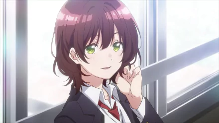 Anime girl from Bottom-Tier Character Tomozaki smiling with sparkling eyes, HD desktop wallpaper.