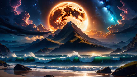 Artistic 4K Ultra HD landscape of a glowing moon rising behind a mountain by a turbulent beach under a vibrant, cloud-streaked sky.