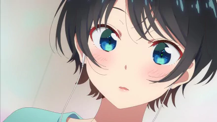 HD PC desktop wallpaper featuring a close-up of Ruka Sarashina with blue eyes and short dark hair, capturing a soft and expressive anime-style portrait.